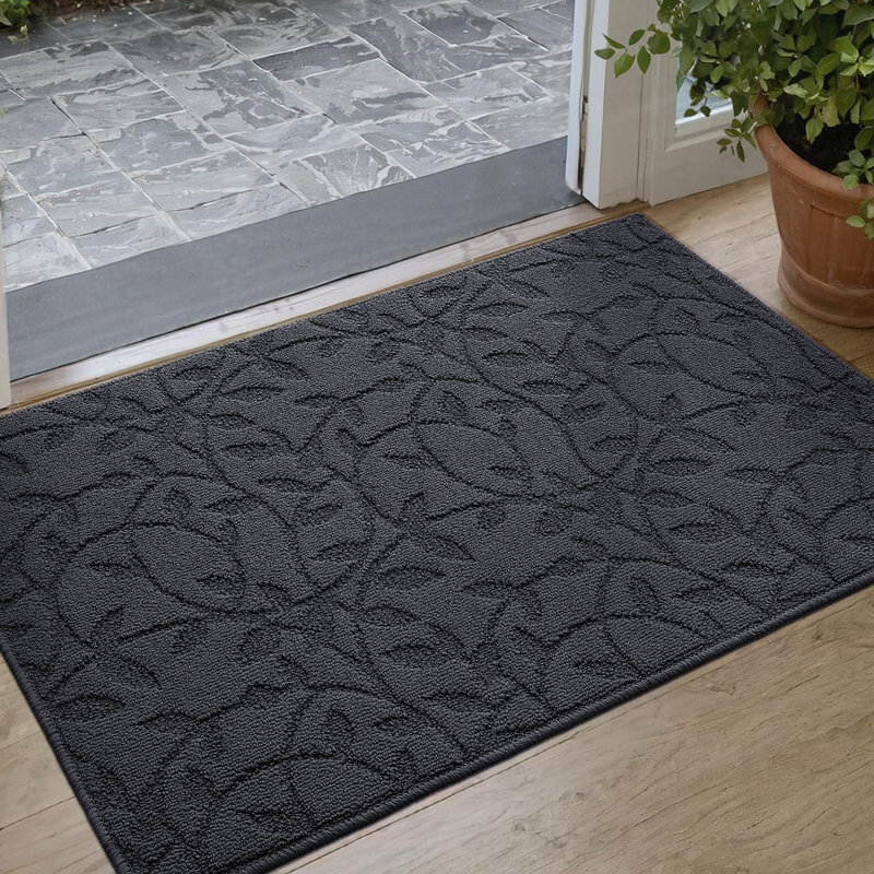 Tapis d'entrée antidérapant Floral, L 32 po x L 48 po, Gris foncé