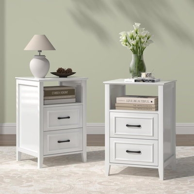  Set of 2 Modern White Nightstands, Embossed Frame Bedside End Tables with 2 Wood Drawers & Open Storage Compartment for Bedroom Decor