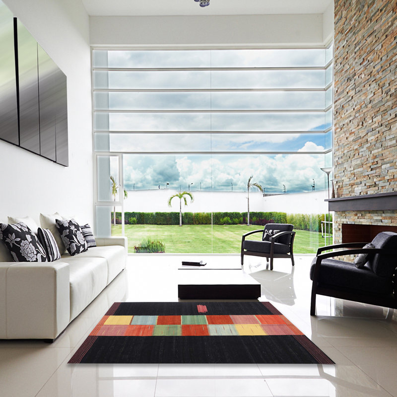 Tapis noir/orange/jaune contemporain, Carré 4 pi