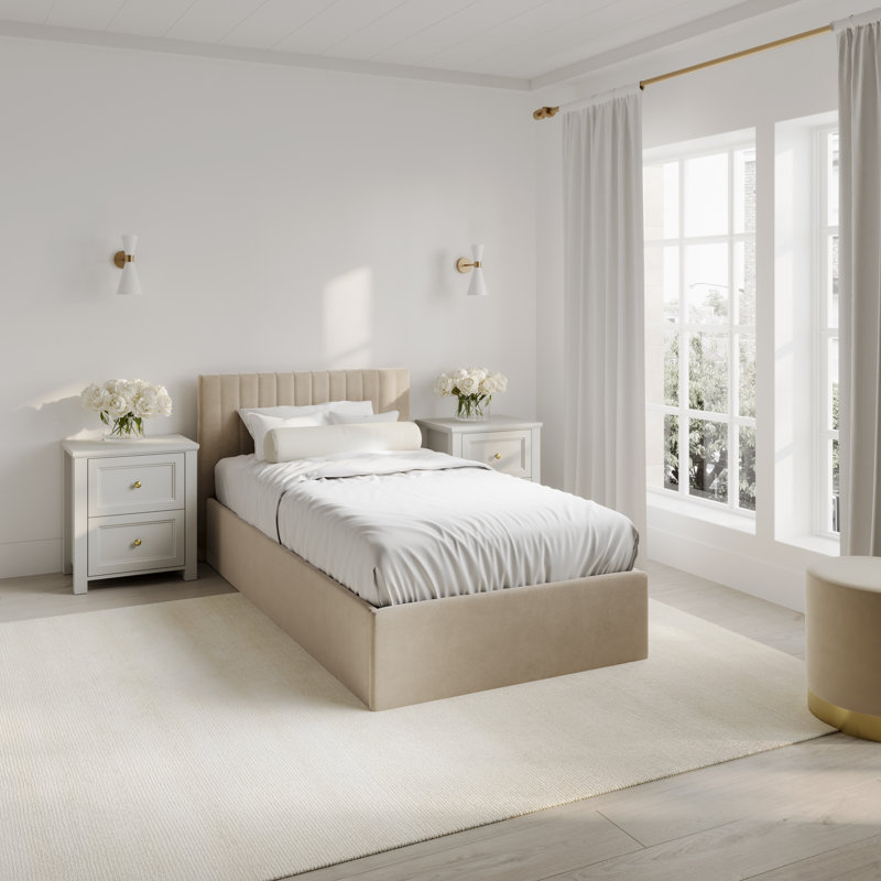 BERLIN UPHOLSTERED END LIFT OTTOMAN STORAGE BED, Beige, Single (3')
