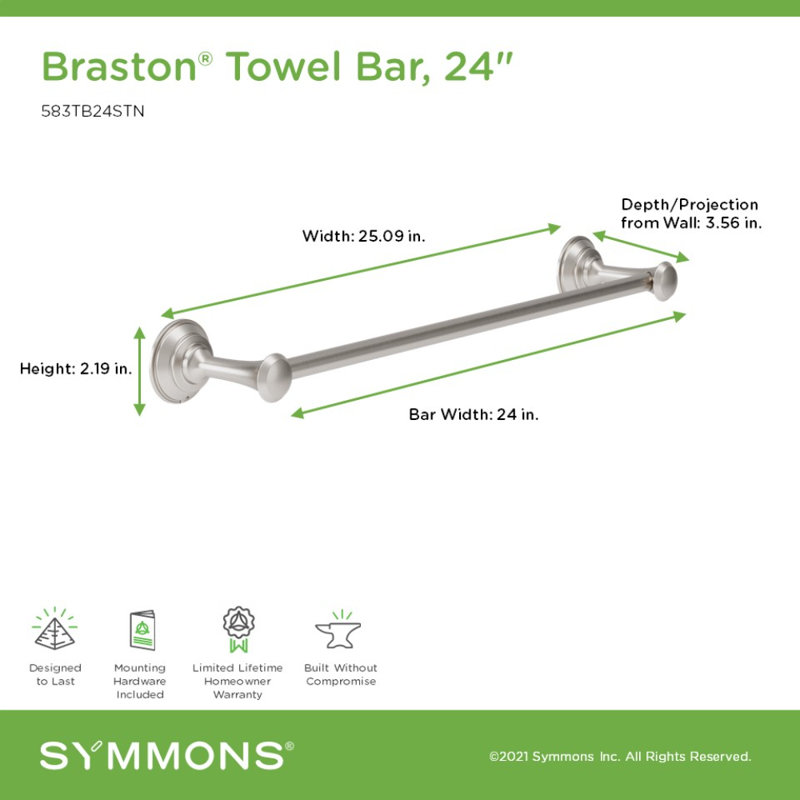 Barre à serviettes murale avec quincaillerie de fixation Braston, Nickel satiné, 24cm
