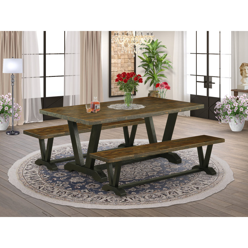 L'ensemble de table à manger moderne 3 pièces comprend une table de cuisine et 2 bancs en bois - plateau de table Jacobean vieilli et finition noire brossée 
