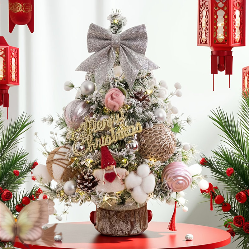 Décorations de Noël, mini arbre de Noël artificiel avec aiguilles de pin floquées, décoration de baies pour décoration d'intérieur, de maison, de bureau et de fête de Noël (rose)