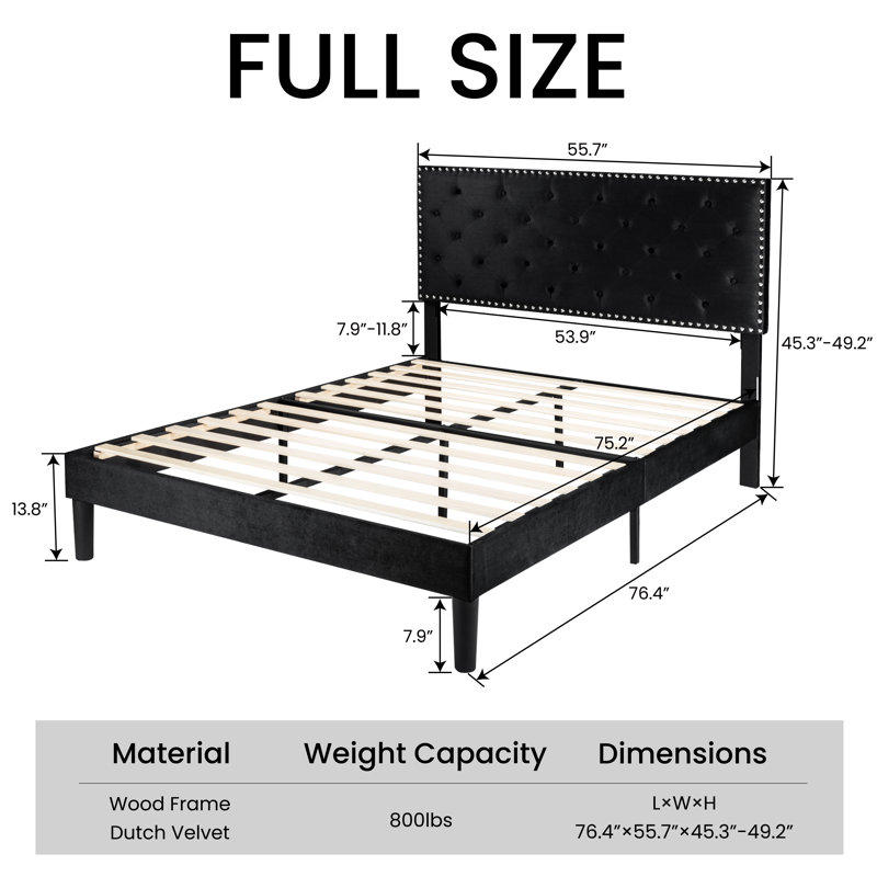 Aleiny Velvet Bed with Adjustable Upholstered Headboard, Full, Black