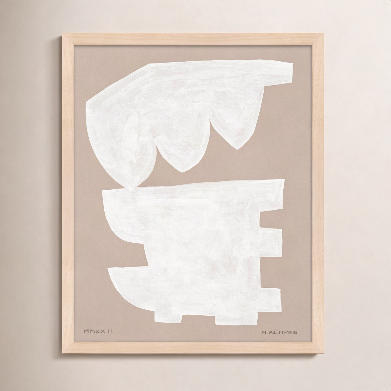 Gallman "Modules in White 1" Painting, 30" W x 38" H, Maple Framed
