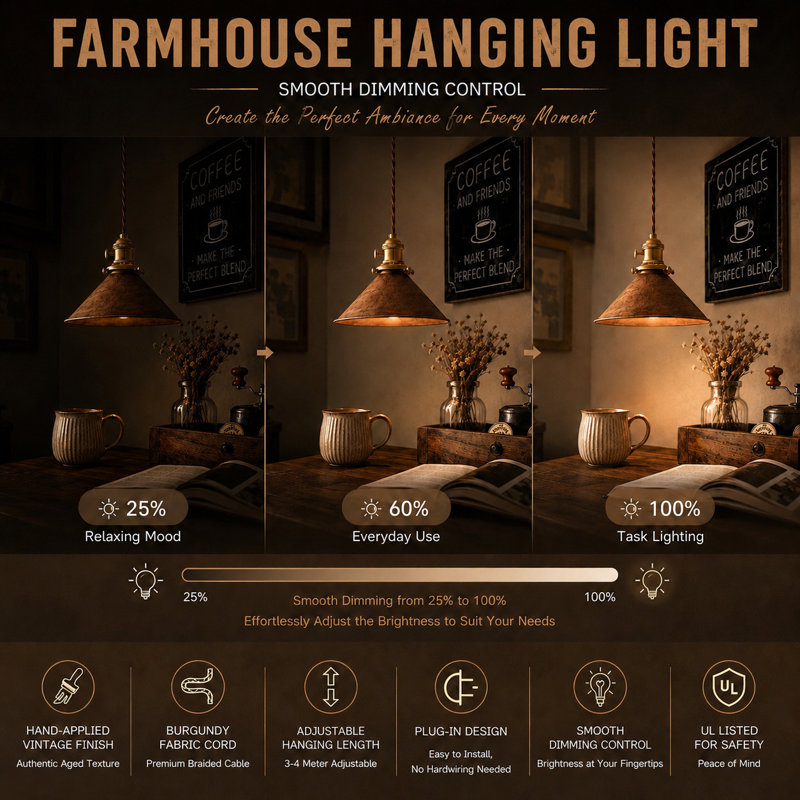 Oyisen Plug in Pendant Light 8.2 Inch Rusted Copper Shade Vintage Industrial Design On/Off Switch 14Ft Adjustable Cord Hanging Lamp Plug in for Living Room,Bedroom Hanging Light 2 Pack