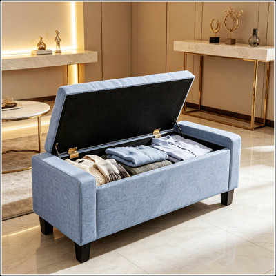 Button-Tufted Armrest Storage Ottoman Bench with Wooden Legs for Entryway, Bedroom, and Living Room, Combining Style and Functionality