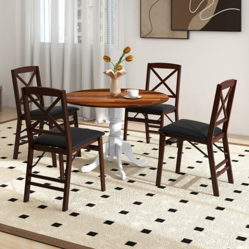 Wooden Dining Table With Round Tabletop And Curved Trestle Legs, Walnut, White