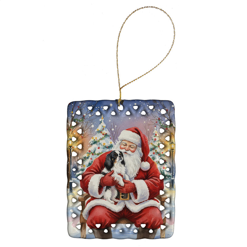 Ornement japonais en porcelaine avec père Noël, Épagneul japonais