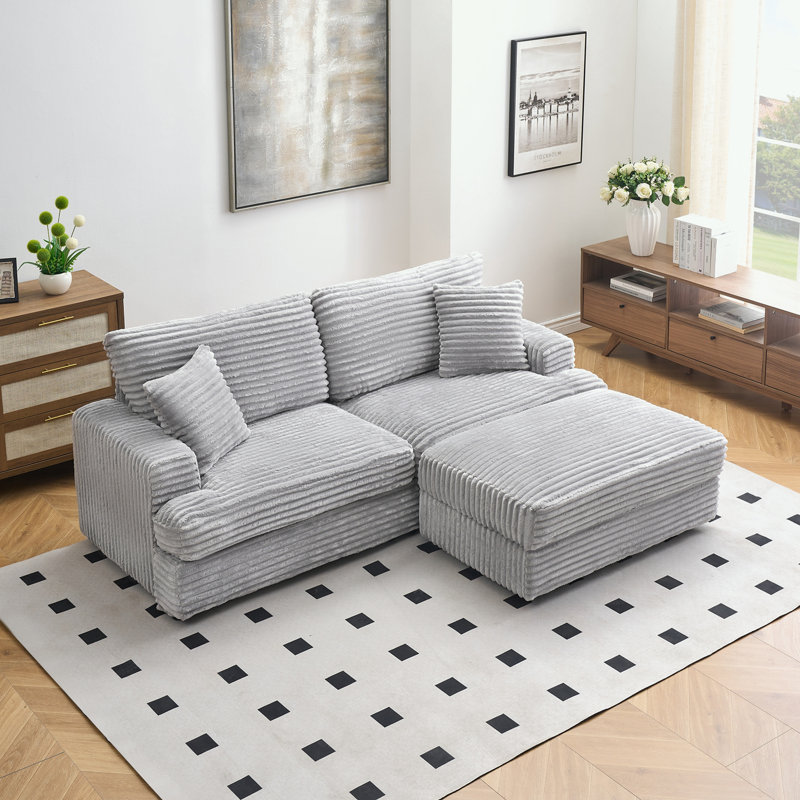 Causeuse moderne en velours côtelé avec repose-pieds avec rangement, Gris