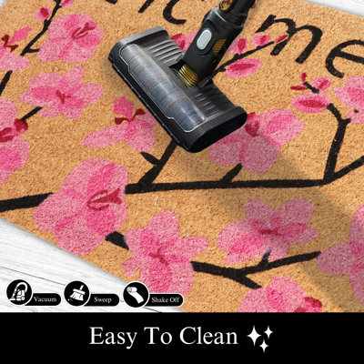 Stavri Natural Coco Coir Door Mat with PVC Backing, "Pink Flower Welcome", 18"x30", Heavy-Duty Non-Slip Indoor/Outdoor