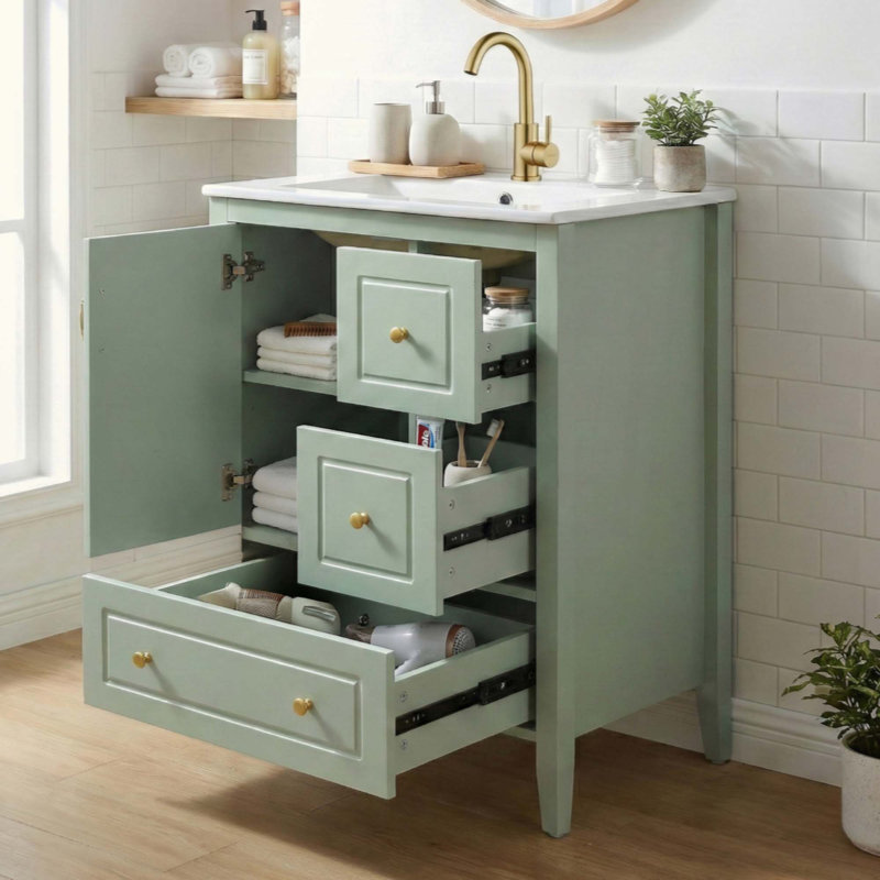 Meuble-lavabo de salle de bain avec lavabo, une armoire avec porte à fermeture douce, 3 tiroirs à fermeture douce, poignées en métal rétro (robinet non inclus)