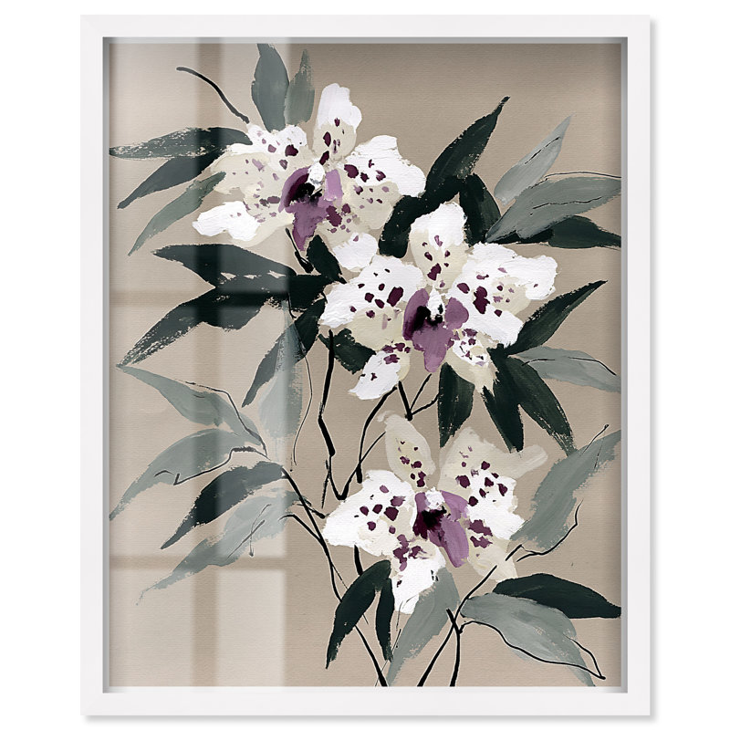 Art floral pourpre, "Orchidées mauves I", H 21 po x l 17 po, Cadre blanc