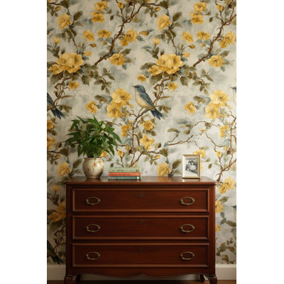 Papier peint floral, décoration murale oiseau rétro