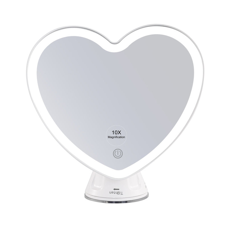 Impression Vanity Sweetheart 10X Magnified LED Mirror With 360 Degree Swivel, Lighted Travel Makeup Mirror With Heart Shaped Mounted Suction Cup Base, 3 Colors LED Lights, And Soft Touch Sensor Button
