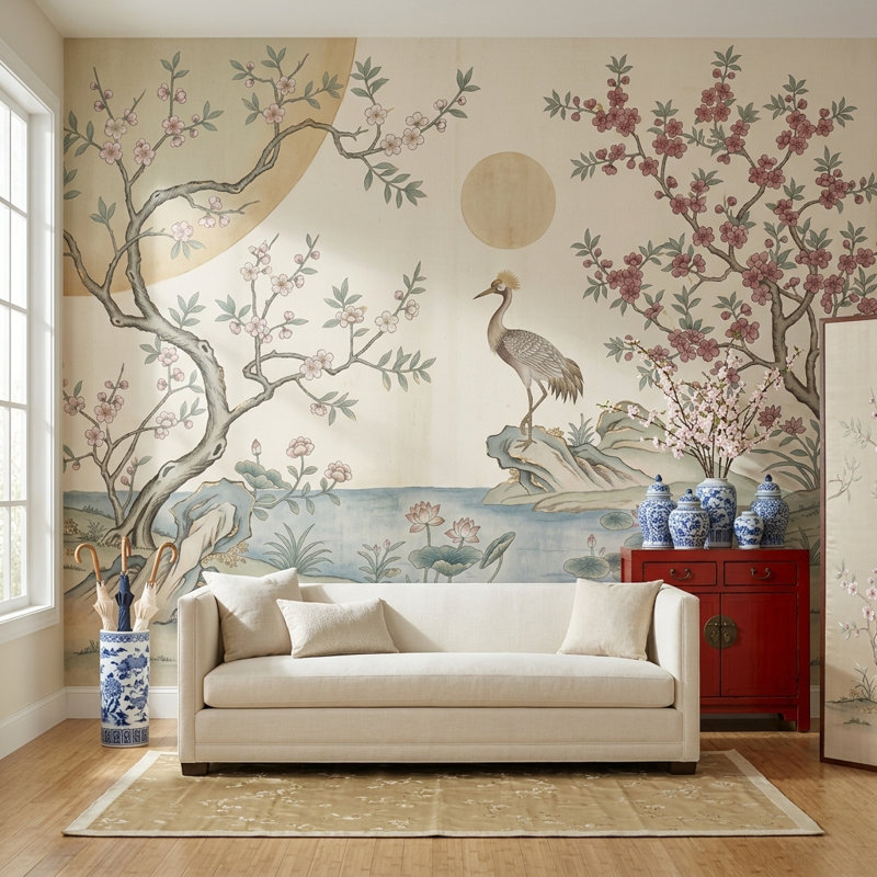 Papier peint vert discret Sage Chinoiserie, Non tissé, 160 po x 108 po
