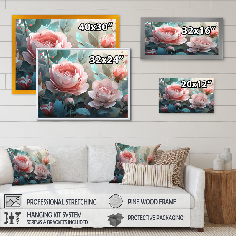 «Pink Green Peony In Motion II», reproduction d'art sur toile, H 12 po x l 20 po x P 1 po, Cadre flottant noir