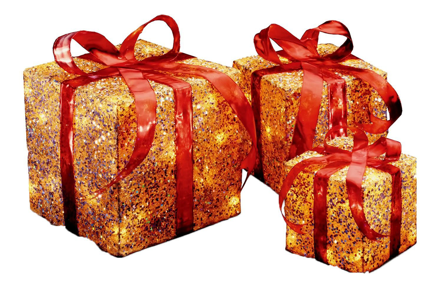 Pre-Lit Sisal Gift Box Set, 16" H x 15" W x 15" D, Gold with Red Bows
