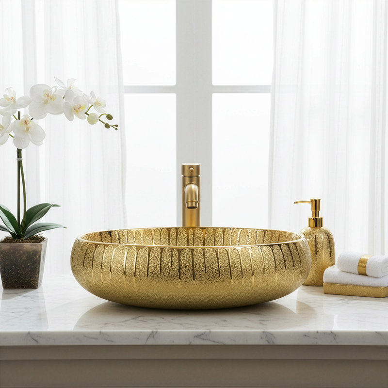 23" x 15" Luxury Gold Vessel Bathroom Sink – Elegant Countertop Vanity Basin, Modern Oval Ceramic Bowl, Gold