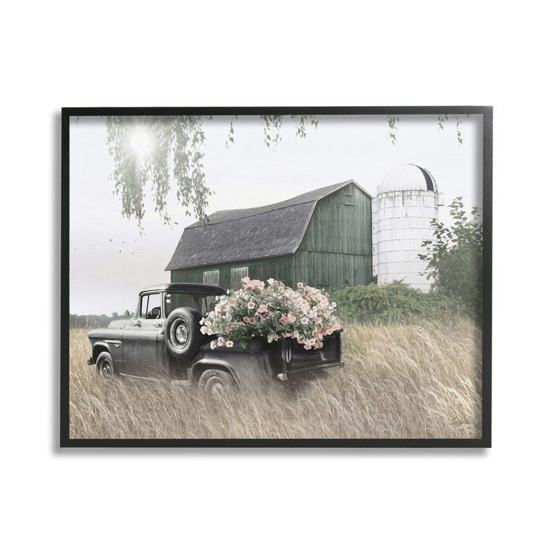 «Barn & Truck with Florals», art de la giclée encadrée par Lori Deiter, H 16 po x l 20 po, Giclée encadrée noir minuit