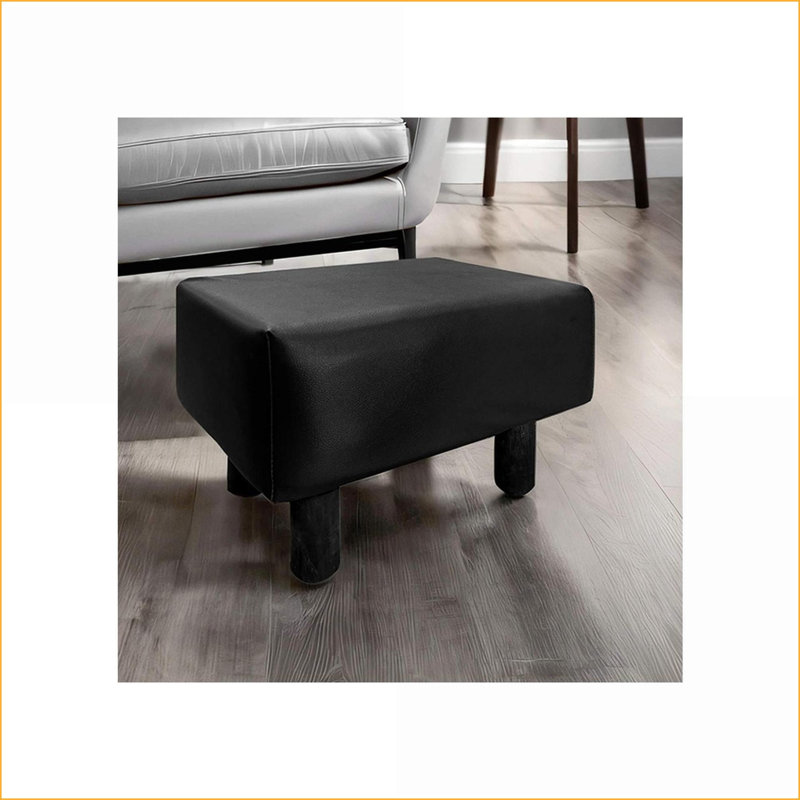 Ottomans Set of 2, Contemporary Black Leatherette Footstools with Wood Legs | Black | Wood