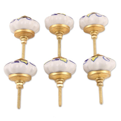 Ensemble de 6 boutons d'armoire en céramique jaune et blanc