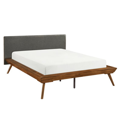 Dark Gray Upholstered Queen Platform Bed With Wooden Headboard In Chestnut Finish Padding