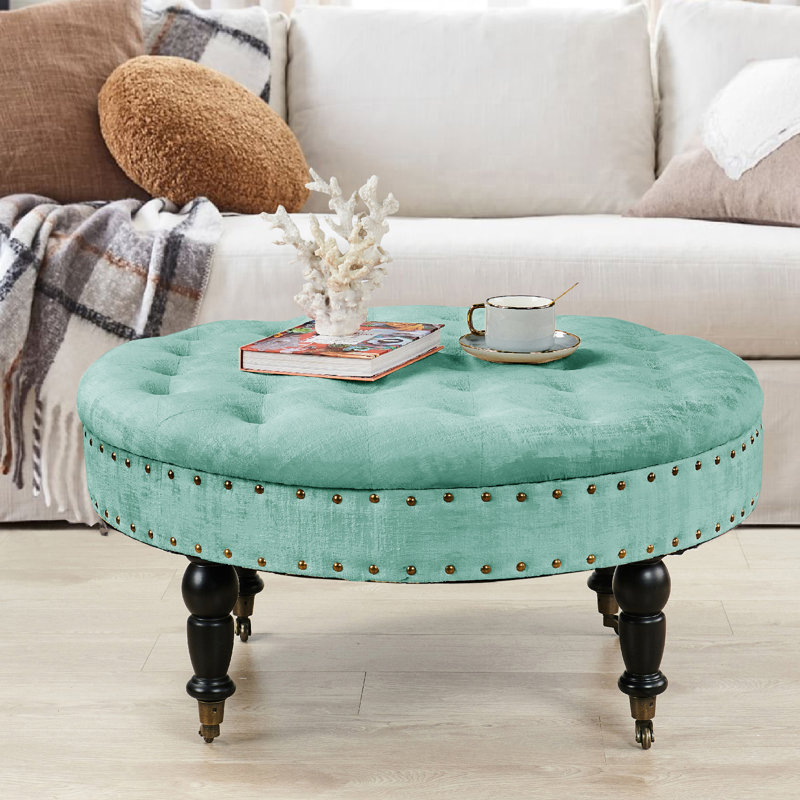 Laforge Velvet Ottoman, North Sea Blue Velvet