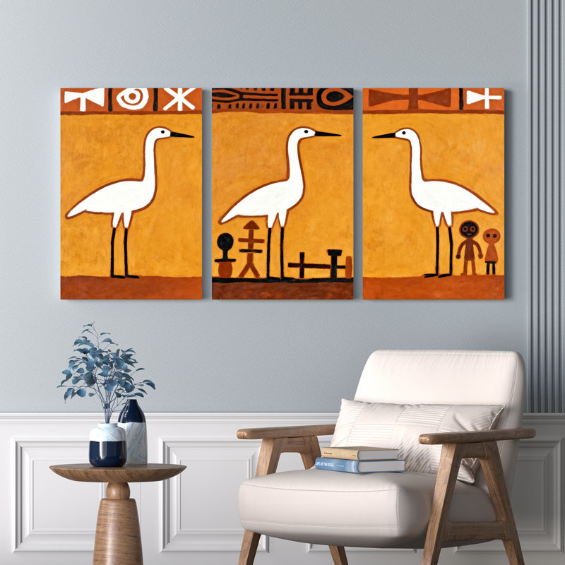 Ensemble de 3 tableaux sur toile à motif de héron d'inspiration égyptienne, H 24 po x l 48 po