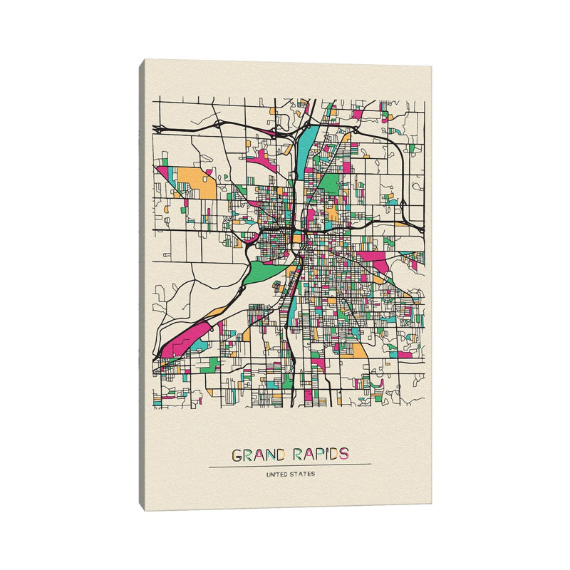 Grand Rapids, Michigan Map by Ayse Deniz Akerman - Wrapped Canvas Print, 20.32 cm H x 30.48 cm W