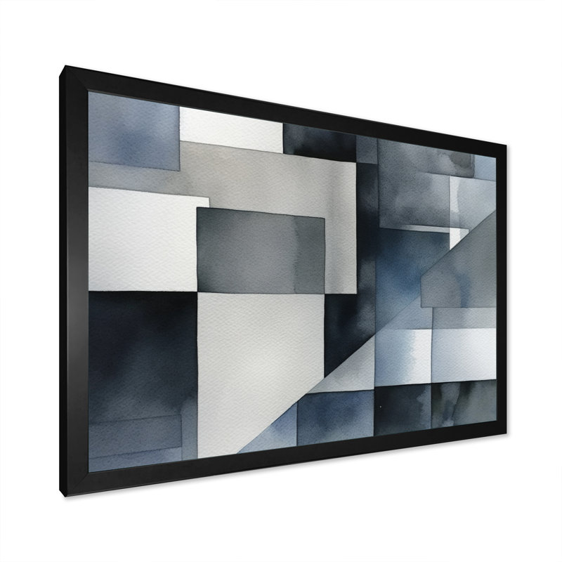 Gris et bleu abstrait zen - art mural minimaliste sur toile, H 12 po x l 20 po x P 1 po, Cadre simple noir