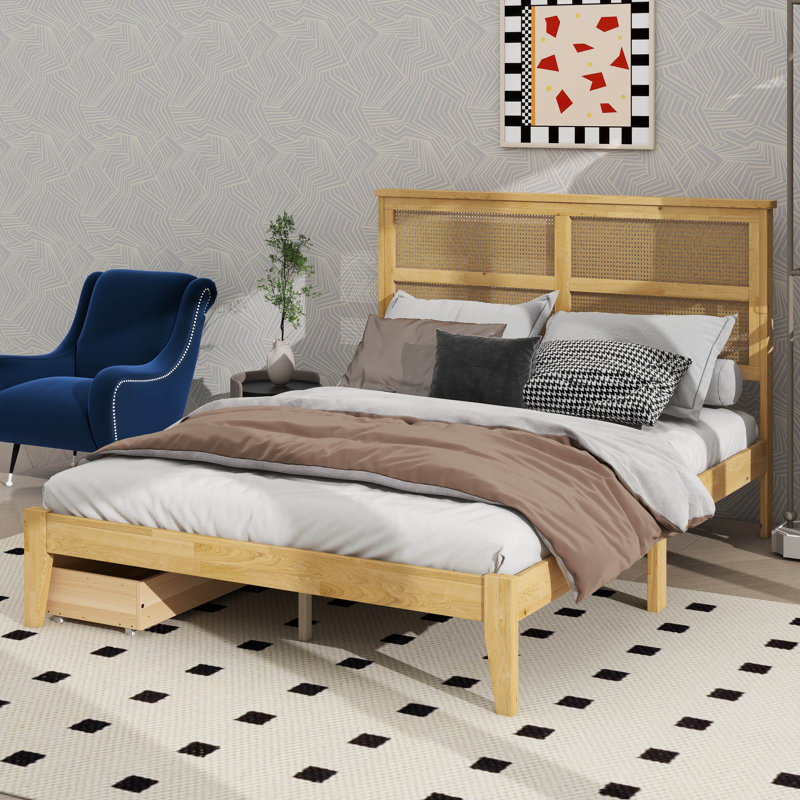 Bed Frame Forged From Rubber Wood, Incorporating Two Integrated Storage Drawers, Full, White Oak