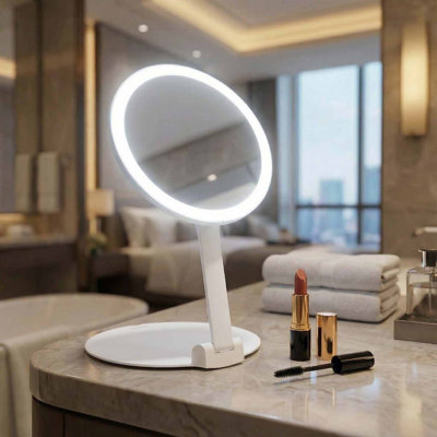  Abigail 10x Travel Magnifying Makeup Mirror with Lights, Rechargeable, Height Adjustable 8" Stand, 3 Dimmable Color Modes, Portable LED Vanity Mirror
