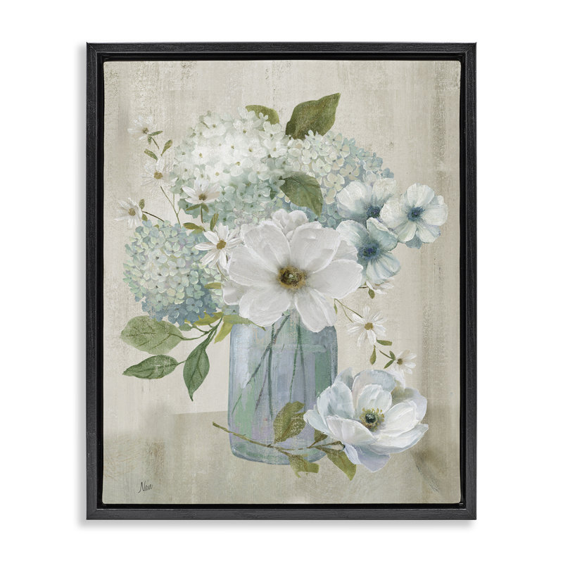 "Hydrangeas And More Bouquet", art mural par Floater, Cadre flottant noir de jais, H 21 po x l 17 po