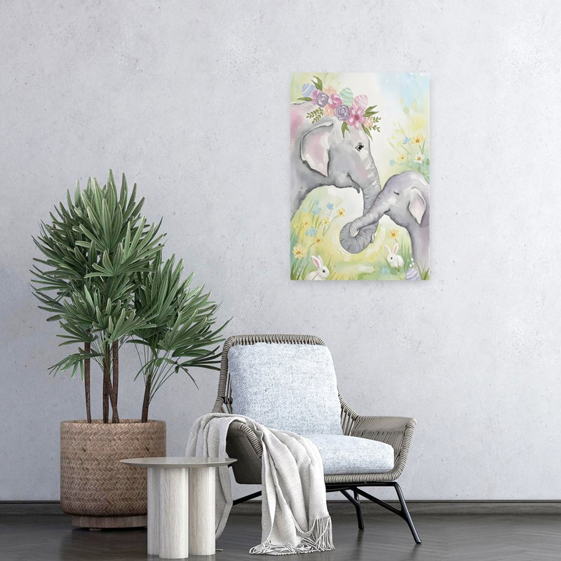 Doux éléphants de Pâques, art abstrait contemporain de paysage floral, H 24 po x l 16 po