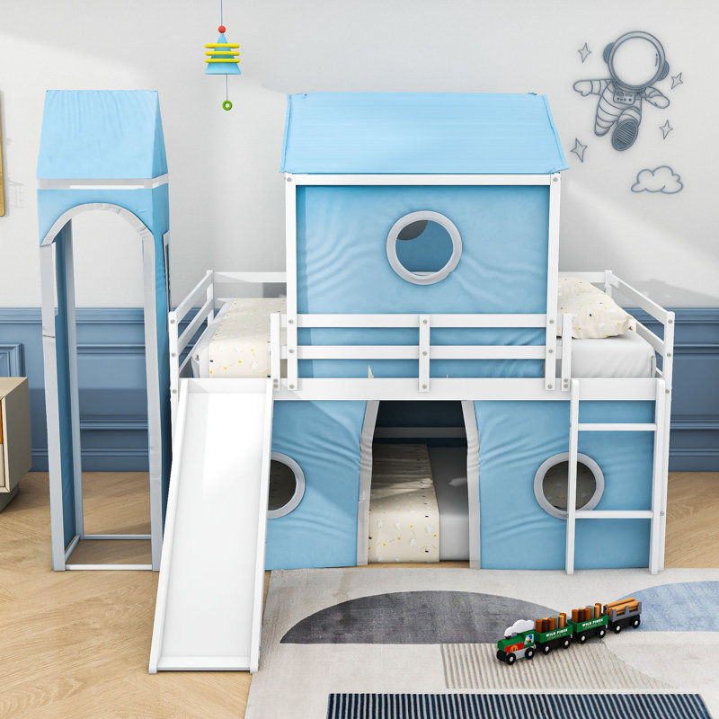 Lit superposé avec glissoire, tente et tour Kyser Kids, Double sur double, Bleu