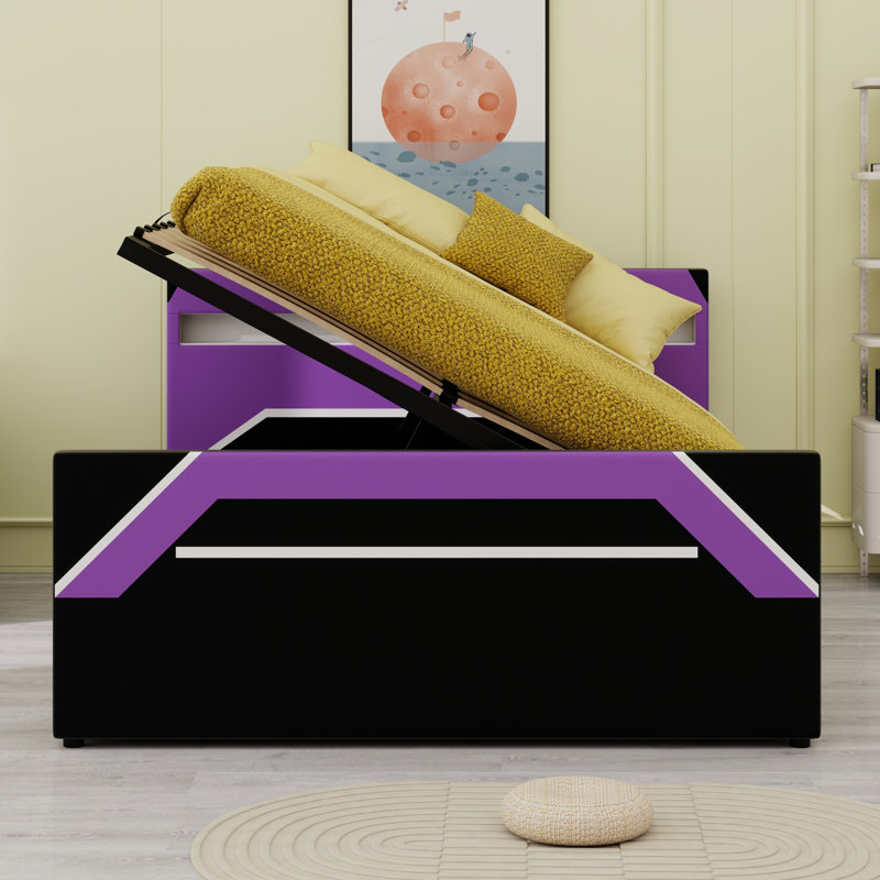Side-Lift Hydraulic Storage Gaming Bed, 7-Colour LED Headboard, Cyberpunk Design, Black+Purple