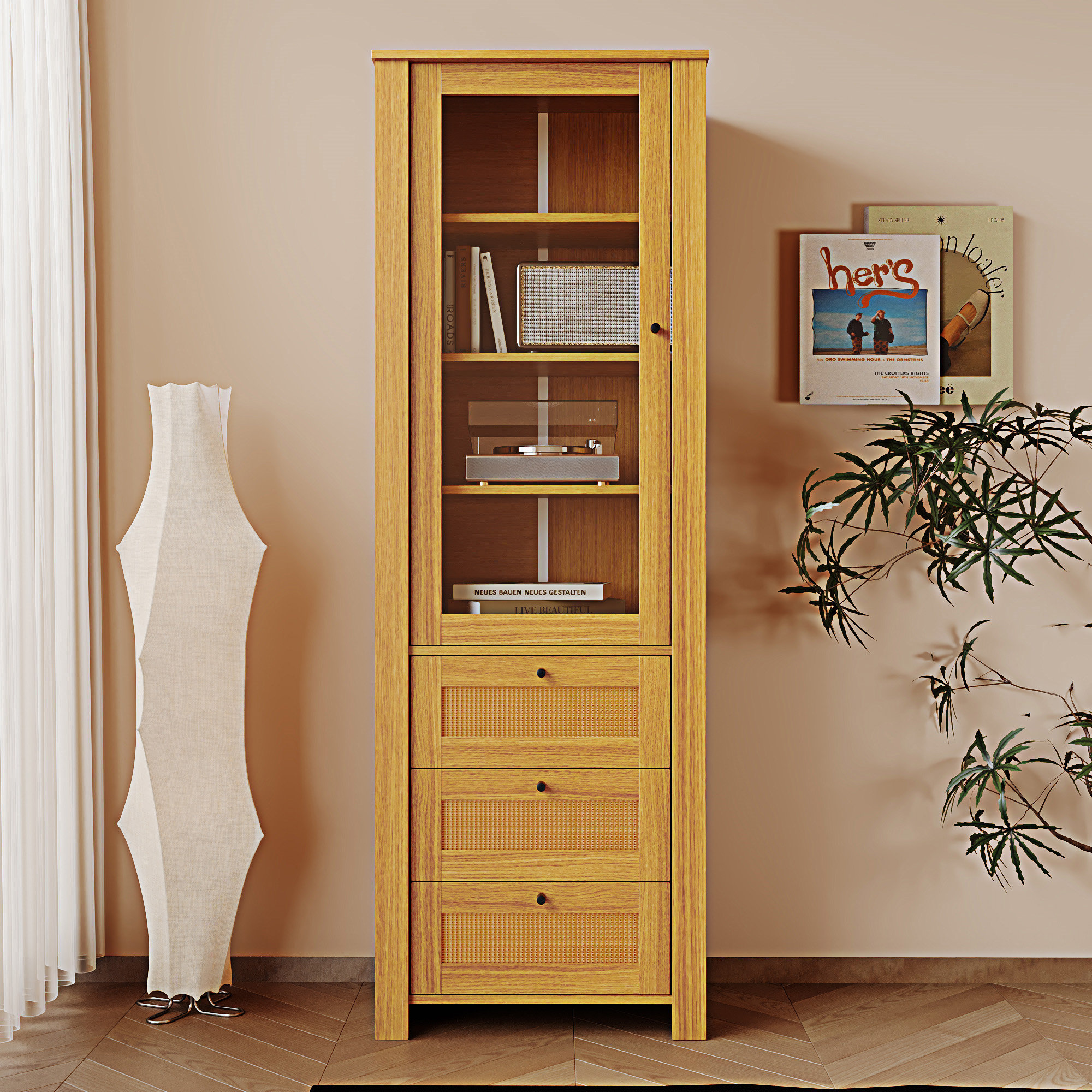 Red Barrel Studio® Rattan Door Bookshelf Display Case With Drawer ...