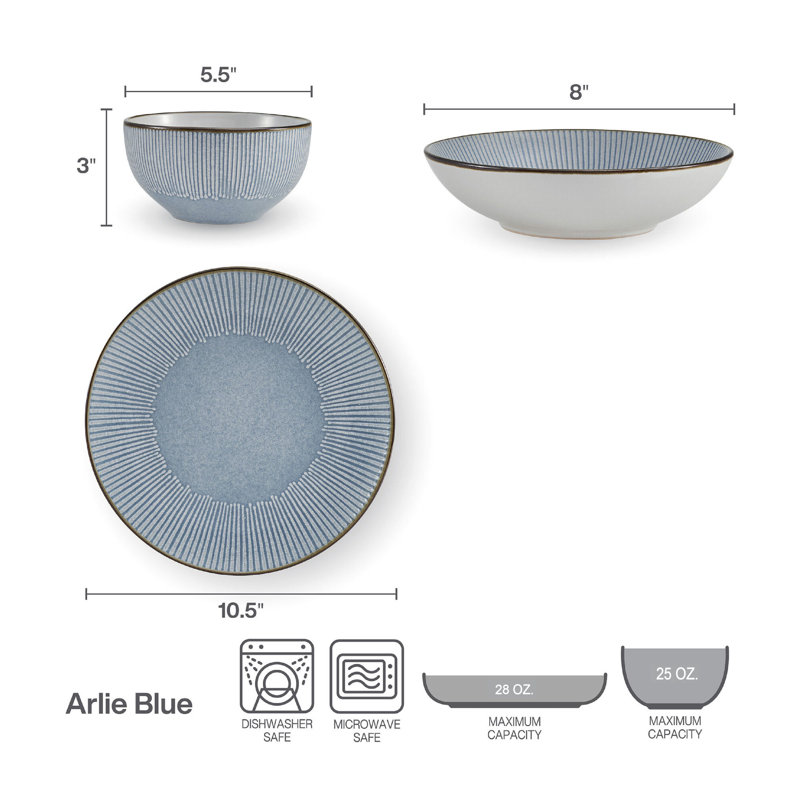 Service de table en grès 12 pièces, service pour 4 Arlie, Bleu