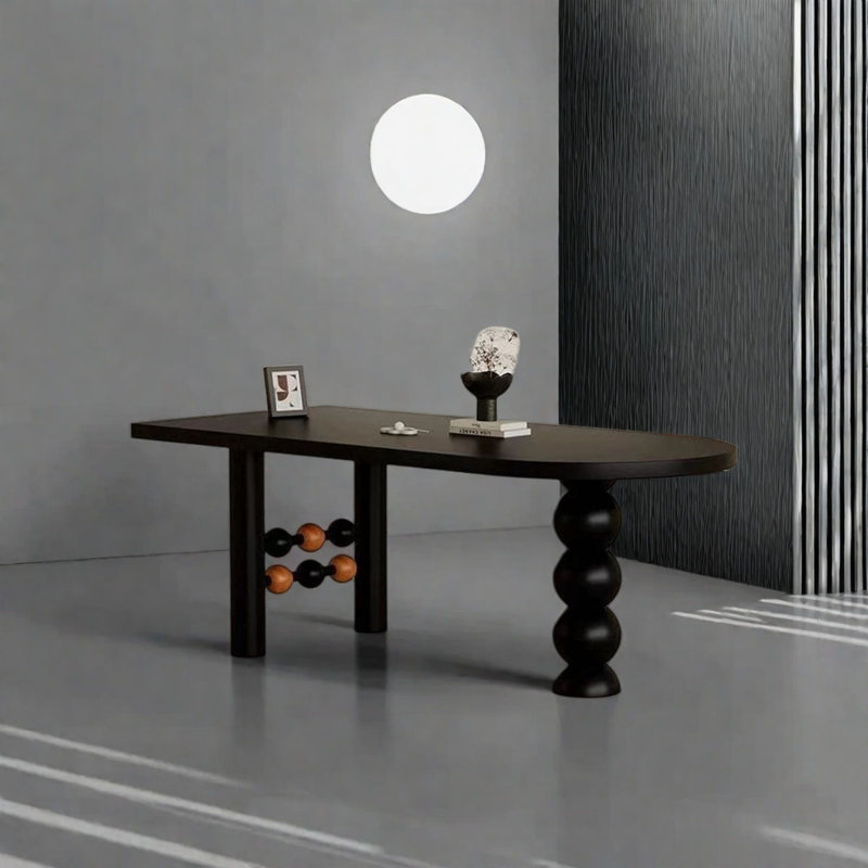 Black Half-Moon Solid Wood Dining Table, 29.5"H x 55.1"L x 31.5"W