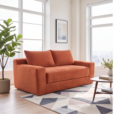 56” Memory Foam Compression Loveseat, Convertible 2-in-1 Sleeper Sofa, Corduroy Fabric, No Assembly, Orange