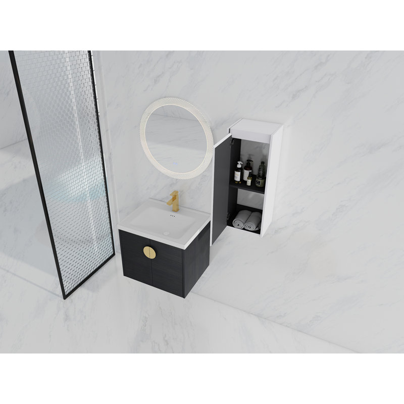 24" Wall-Mounted Bathroom Vanity With Ceramic Sink And Side Cabinet, Soft Close Doors, Combination Cabinet, 24"