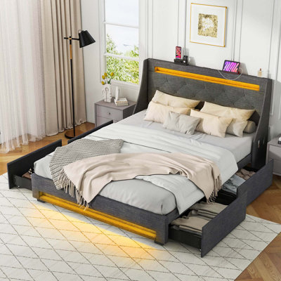Bed Frame With Led Lights & Charging Station Upholstered Platform Bed