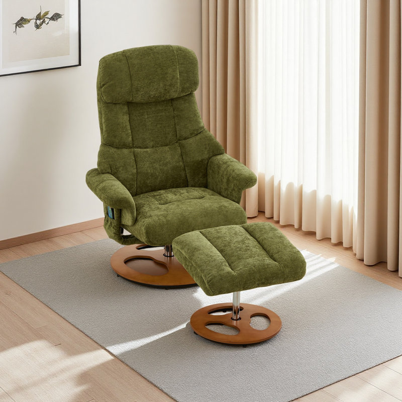Ergonomic Recliner Chair With Ottoman, Modern 360° Swivel Lounge Chair With Footstool, Chenille Fabric, 5 Point Vibration Massage, Seat Heating & 140° Adjustable Backrest For Home Or Office