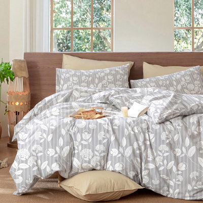 Gray Floral Comforter Set King Size, Light Gray Leaf Floral Stripe Bedding Set, 3 Pieces 100% Cotton Comforter with 2 Pillowcases, Soft Lightweight Farmhouse Bedding Set for All Seasons