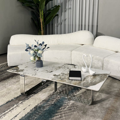 55" Wide Rectangular Coffee Table/End Table With Rock Slab Top, Metal Frame Coffee Table