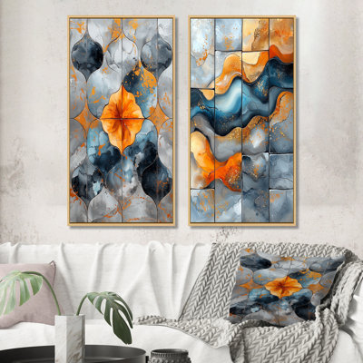 Orange Ancient Anatolia Floral Tiles I - Boho Tiles Wall Art 2 Pieces Set