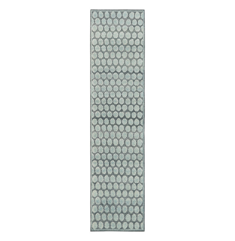 Handmade Silk Floral Area Rug, Silver/Gray/Blue, Runner 10'2" x 2'5"