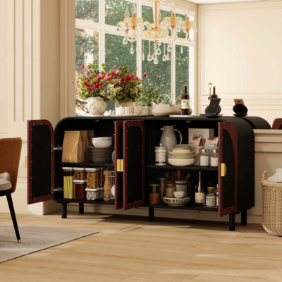 Buffet rétro arqué avec poignée demi-lune dorée, armoire de rangement en panneau de fibres à densité moyenne avec tablettes réglables et pied central en bois massif, armoire à 4 portes pour la salle à manger, le vestibule et le salon