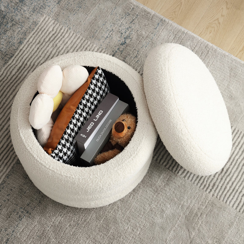Leiani 20.1" Wide Boulce/Velvet/Linen Upholstered Round Storage Ottoman, White Boucle